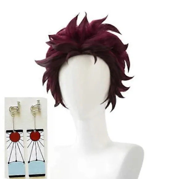 Demon Slayer: Kimetsu No Yaiba Tanjiro Kamado Cosplay Paryk Kort Kastanjebrun Varmebestandig Hår Cosplay Parykker + Øreringe (LGL) One Size Wig and Earrings | Fyndiq