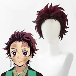 Demon Slayer: Kimetsu No Yaiba Tanjiro Kamado Cosplay Paryk Kort Kastanjebrun Varmebestandig Hår Cosplay Parykker + Øreringe (LGL) One Size Wig and Earrings | Fyndiq