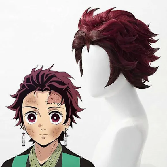 Demon Slayer: Kimetsu No Yaiba Tanjiro Kamado Cosplay Paryk Kort Kastanjebrun Varmebestandig Hår Cosplay Parykker + Øreringe (LGL) One Size Wig and Earrings | Fyndiq