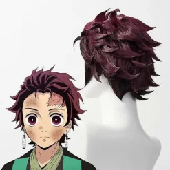 Demon Slayer: Kimetsu No Yaiba Tanjiro Kamado Cosplay Paryk Kort Kastanjebrun Varmebestandig Hår Cosplay Parykker + Øreringe (LGL) One Size Wig and Earrings | Fyndiq