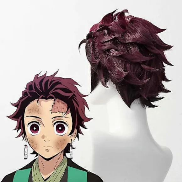 Demon Slayer: Kimetsu No Yaiba Tanjiro Kamado Cosplay Paryk Kort Kastanjebrun Varmebestandig Hår Cosplay Parykker + Øreringe (LGL) One Size Wig and Earrings | Fyndiq