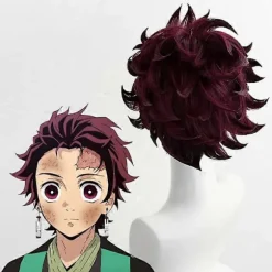 Demon Slayer: Kimetsu No Yaiba Tanjiro Kamado Cosplay Paryk Kort Kastanjebrun Varmebestandig Hår Cosplay Parykker + Øreringe (LGL) One Size Wig and Earrings | Fyndiq