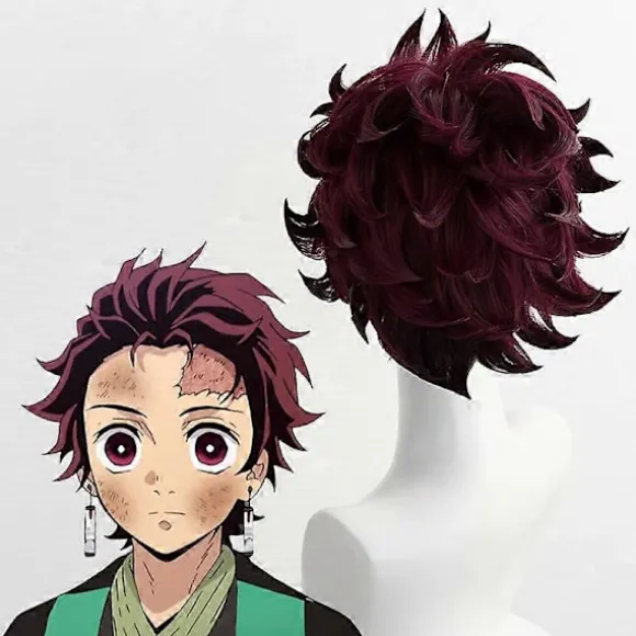 Demon Slayer: Kimetsu No Yaiba Tanjiro Kamado Cosplay Paryk Kort Kastanjebrun Varmebestandig Hår Cosplay Parykker + Øreringe (LGL) One Size Wig and Earrings | Fyndiq
