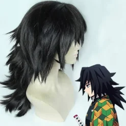 Demon Slayer Kimetsu no Yaiba Tomioka Giyuu Cosplay Paryk Sort Clip Hestehale Varmebestandigt Syntetisk Hår Anime Parykker + Parykhætte One Size
