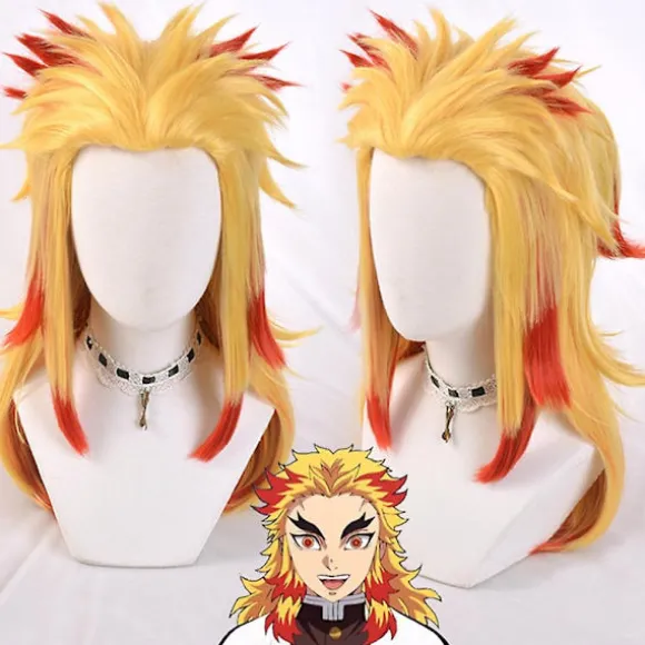 Demon Slayer Rengoku Kyoujurou Cosplay Party Kostume Outfits Halloween Party Anime og Gave - Perfekt Outfits with Wig S