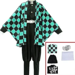 Demon Slayer Tanjiro Kamado Cosplay Kostume Kimono Outfit Sæt til Voksne Børn - 5 Dele Anime Uniform 5-delt sæt 5 piece set L