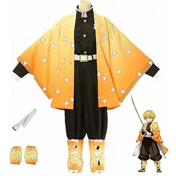 Demon Slayer Zenitsu Cosplay Kostume med Kimono og Paryk til Halloween Costume S