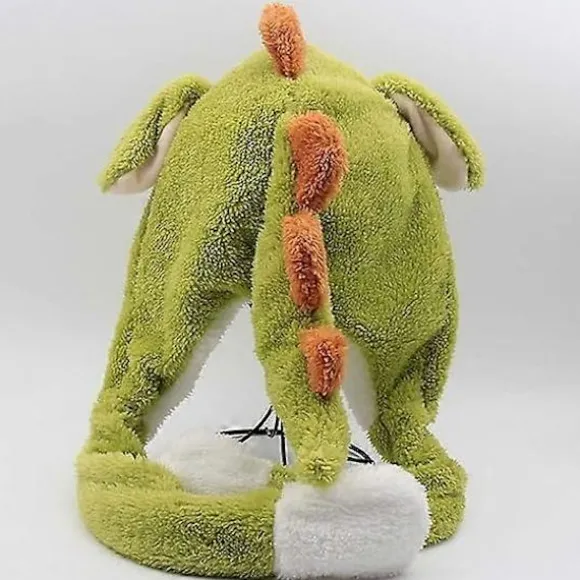 Dinosaur Hat Plys med Ører - Dyrehat Plys Kostumehat, Dinosaur Hat med Bevægelige Ører Vinter Ski Hat One Size Grøn Hovedomkreds 56-58cm