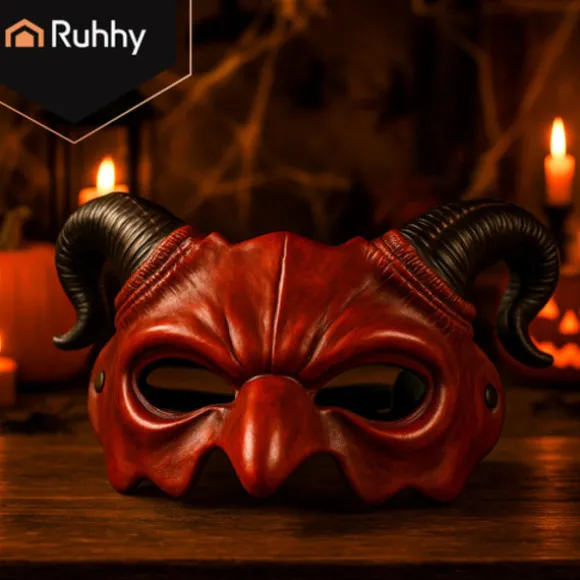 Djævle Halloween-maske med horn, rød/sort, elastisk bånd