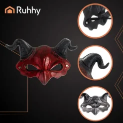 Djævle Halloween-maske med horn, rød/sort, elastisk bånd