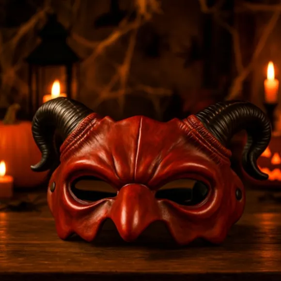 Djævle Halloween-maske med horn, rød/sort, elastisk bånd