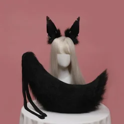 Dyreører Hovedbeklædning Hale Sæt Metal Ring Hårbøjle Håndlavet Cosplay Derss Up（Hvid）