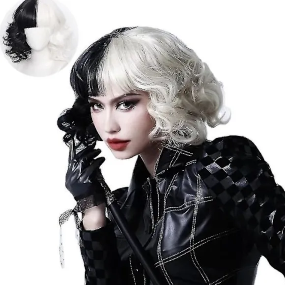 /EA/Sort og hvid bølget paryk til kvinder Cruella Cosplay Kostume Kort Krøllet Bob Paryk med Pandehår til Halloween Fest Cosplay Rekvisit, CJY