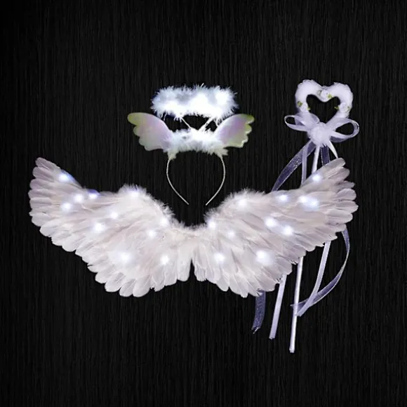 Englevinger, 3 stk./sæt Lysende Englevinger og Haloer med LED-lys, børnekostume til juleaften, fest White 80x40cm