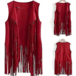 1920'er Dame Cowboy Cowgirl Kvast Vest Ærmeløs Vest Hippie Jakke Retro Motorcykel Frakke-AM Red 2XL