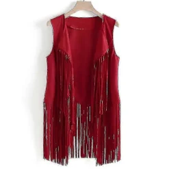 1920'er Dame Cowboy Cowgirl Kvast Vest Ærmeløs Vest Hippie Jakke Retro Motorcykel Frakke-AM Red 2XL