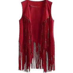 1920'er Dame Cowboy Cowgirl Kvast Vest Ærmeløs Vest Hippie Jakke Retro Motorcykel Frakke-AM Red 2XL
