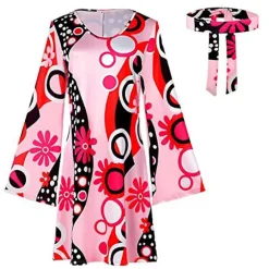 70'er 80'er Kvinder Hippie Kostume Sæt Disco Outfit Hårbånd Kjole Cosplay Festgaver Pink Red 3XL
