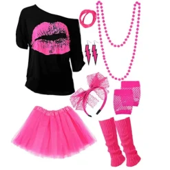 80'er 90'er Outfit Kvinder, T-shirt, Benvarmere, Kjole, Ørering, Armbånd, handsker Rose red XL