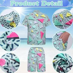 80'er 90'er Retro Træningsdragt Kostume til Mænd, Hawaiiansk Strandskjorte & Shorts Sæt, Udklædning til Halloween Karneval Diskoteksfest Outfit