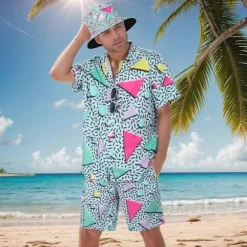 80'er 90'er Retro Træningsdragt Kostume til Mænd, Hawaiiansk Strandskjorte & Shorts Sæt, Udklædning til Halloween Karneval Diskoteksfest Outfit