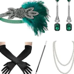 1920'er Great Gatsby Tilbehørssæt til Kvinder, Flapper Pandebånd Hovedbeklædning Brølende 20'er Kostume Tilbehørssæt Green