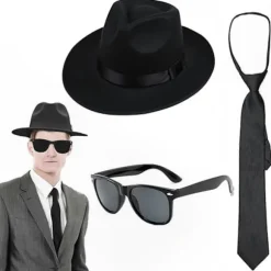 1920'er Herrekostumesæt med Gangsterhat, Slips og Solbriller til Temaoutfits og Begivenheder Black