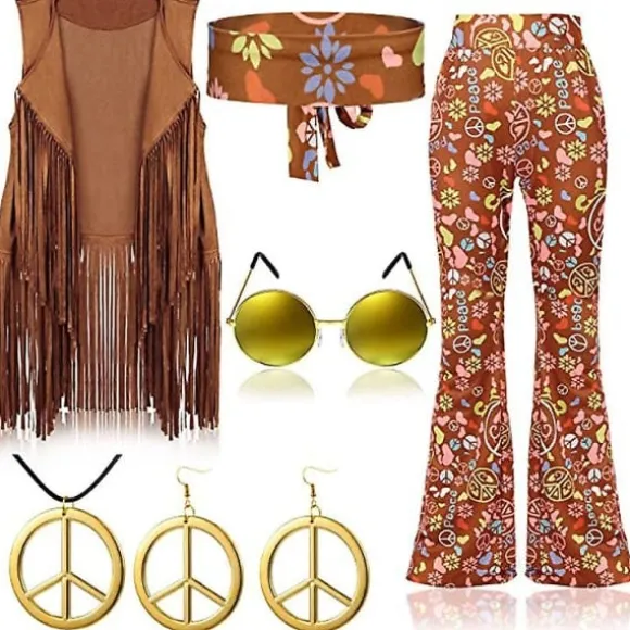 70'er Hippie Fest Retro Kostume Kvast Vest+bukser+tørklæde Kostume Kamel Farve L