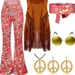 70'er Hippie Party Retro Kostume Tofs Vest+bukser+halstørklæde Kostume Pink-FQ- Pink M