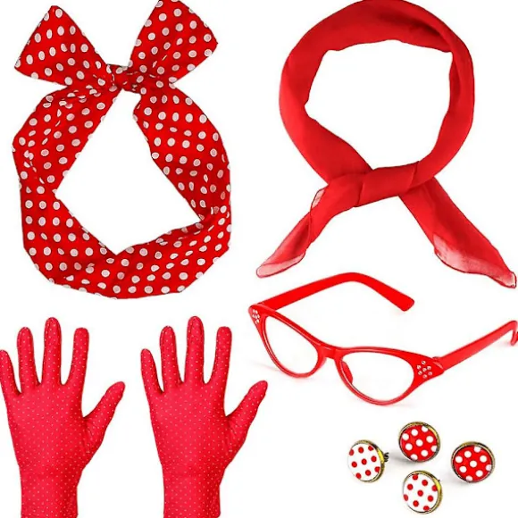 50'er og 60'er Retro Vintage Kostume Tilbehørssæt til Kvinder - Tørklæde, Cat Eye Briller, Polka Dot Bandana Tie Hovedbånd, Øreringe og Handsker (5stk) Red | Fyndiq