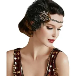 1920'ernes Vintage Brølende Pandebånd 20'ernes Flapper Hovedbeklædning med Fjer 1920'ernes Great Gatsby Kostume Tilbehør Sort Guld