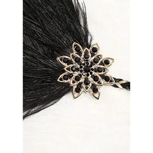 1920'ernes Vintage Brølende Pandebånd 20'ernes Flapper Hovedbeklædning med Fjer 1920'ernes Great Gatsby Kostume Tilbehør Sort Guld