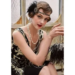 1920'ernes Vintage Brølende Pandebånd 20'ernes Flapper Hovedbeklædning med Fjer 1920'ernes Great Gatsby Kostume Tilbehør Sort Guld