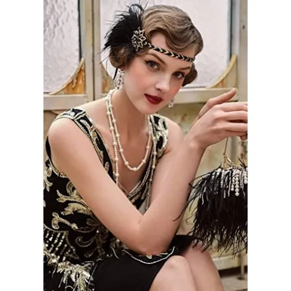 1920'ernes Vintage Brølende Pandebånd 20'ernes Flapper Hovedbeklædning med Fjer 1920'ernes Great Gatsby Kostume Tilbehør Sort Guld