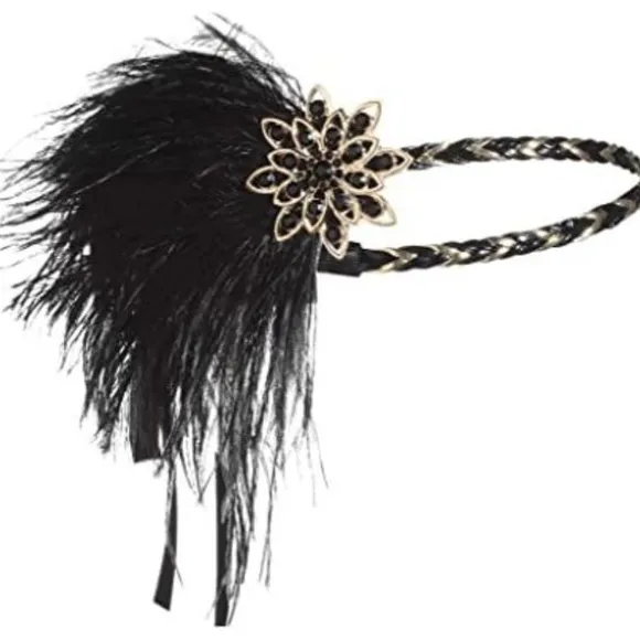 1920'ernes Vintage Brølende Pandebånd 20'ernes Flapper Hovedbeklædning med Fjer 1920'ernes Great Gatsby Kostume Tilbehør Sort Guld