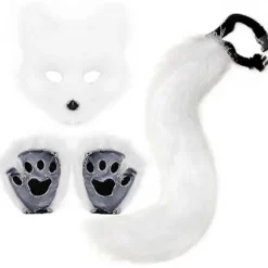 Falsk Pels Ræv Hale Kat Ulv Cosplay Kostume Sæt Blød Maske Fluffy Poter Handsker Halloween Jul (FMY) White