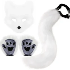 Falsk Pels Rævehale Kat Ulv Cosplay Kostume Sæt Blød Maske Fluffy Poter Handsker Halloween Jul White