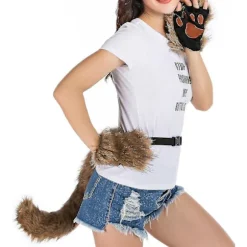Falsk Pels Rævehale Kat Ulv Cosplay Kostume Sæt Blød Maske Fluffy Poter Handsker Halloween Jul White