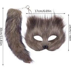 Falsk Pels Rævehale Kattemaske Therian Maske og Hale Halloween Cosplay Party-WELLNGS Grey