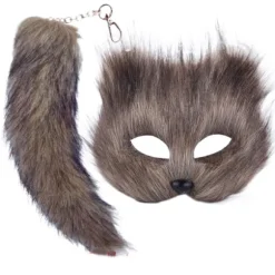Falsk Pels Rævehale Kattemaske Therian Maske og Hale Halloween Cosplay Party-WELLNGS Grey