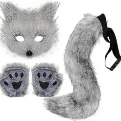 Falsk Rævehale Kat Ulv Cosplay Sæt Plys Maske Fluffy Potehandsker Halloween Jul-WELLNESS