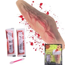 Falskt avskuret halssår med 10 ml falskt blod halloween-tillbehör