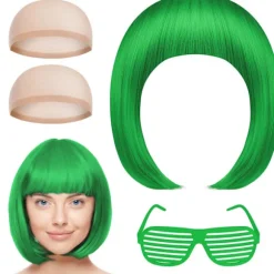 Farverigt Kort Paryk- og Solbrillesæt til Polterabend - 35 cm Grøn Cosplay Paryk Hårstykker