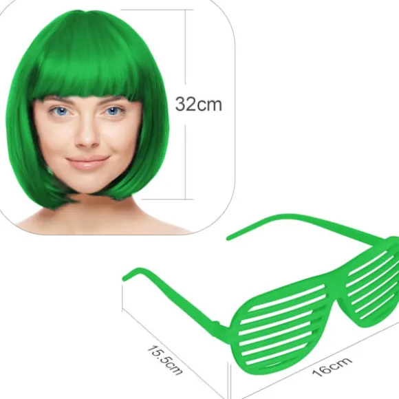 Farverigt Kort Paryk- og Solbrillesæt til Polterabend - 35 cm Grøn Cosplay Paryk Hårstykker