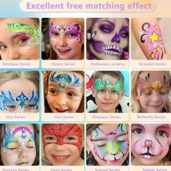 54-farvet børne-kropsmaling sæt med 10 pensler, inkluderer fluorescerende farver. Ideel til Halloween, jul, karneval og temafester.