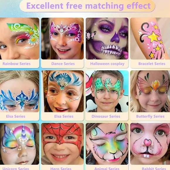 54-farvet børne-kropsmaling sæt med 10 pensler, inkluderer fluorescerende farver. Ideel til Halloween, jul, karneval og temafester.