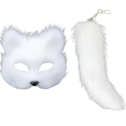 Faux Pels Rævehale Katte Maske Therian Maske og Hale Halloween Cosplays Fest Hvid White