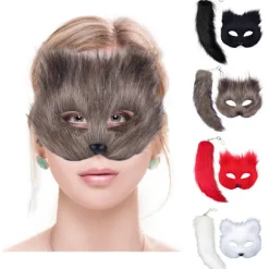 Faux Pelsrævehale Katte Maske Therian Maske og Hale Halloween Cosplays Fest-WELLNGS Gray