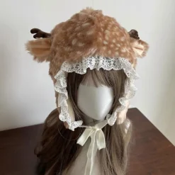 Furry Benvarmere til Piger Tegneserie Hjort med Blondekant Overdimensioneret Hovedbeklædning Dejlig Hat Cosplay Fotorekvisitter benvarmere hat