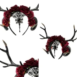 Gedehorn Blomster Hovedbøjle med Gevir til Fest Sceneoptrædener Hårbøjle Voksen Cosplay Hårbånd Karneval Forsyning Sort